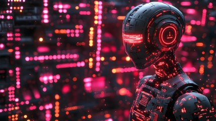 A robot with red and orange lights on its head