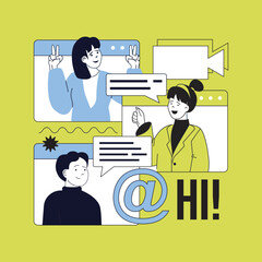 Wall Mural - lets talk concept for modern web design. people communicating online, sending emails, meeting by vid