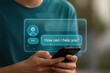 © Media Srock - A person interacts with a holographic chat interface on a smartphone, displaying a friendly digital assistant message.