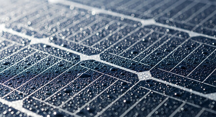 Close-up of a solar panel with water droplets covering its surface, showing the cell structure and reflecting light.