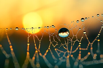 Nature s diamond A spiderweb laced with morning dew shimmering in the sun s golden embrace a beautiful reflection with