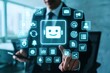 © Media Srock - A person interacts with a futuristic interface showcasing various business applications, including data analysis, communication, and automation, through a glowing robot icon.