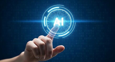 Human hand touching interactive futuristic ai interface symbol on a dark blue digital background