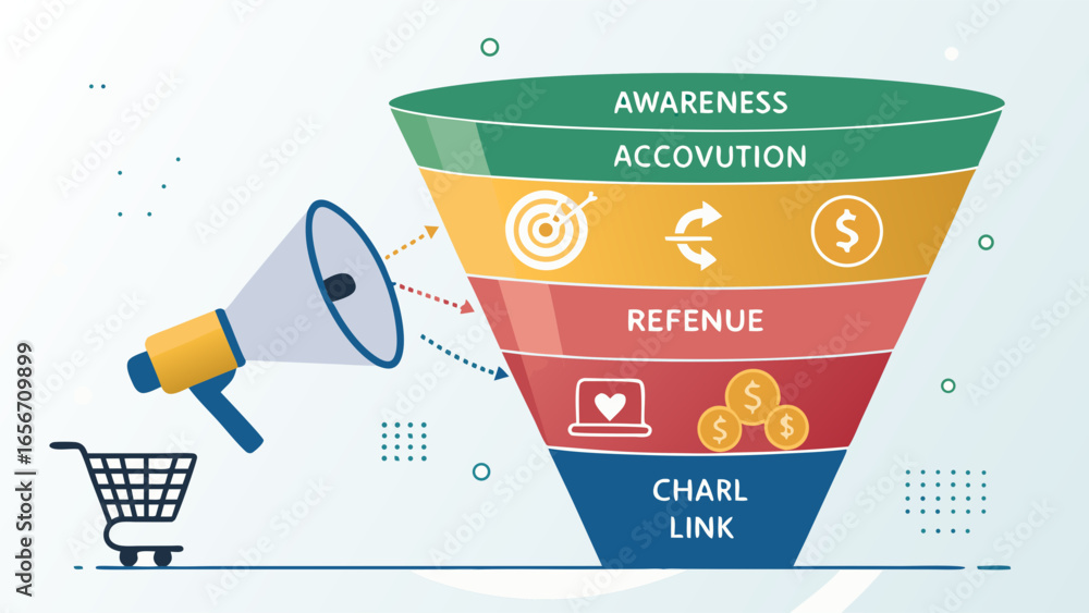 Marketing Funnel Diagram with Megaphone and Shopping Cart Stock Vector ...