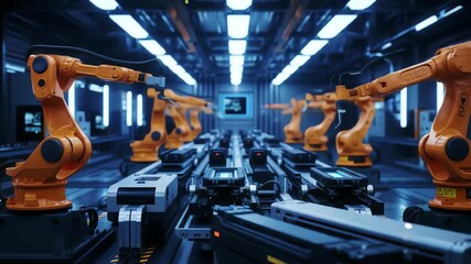Automated robotic arms welding steel product on a production line in futuristic factory