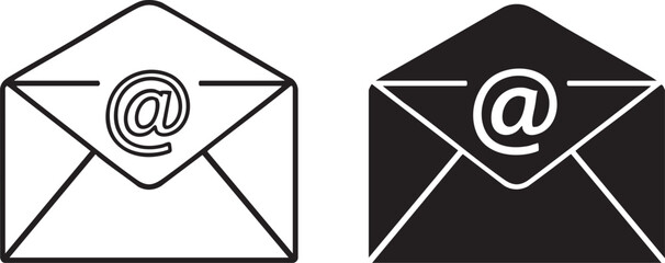 Email envelope icons with at symbol message communication, email, envelope, mail, message, communication, symbol, icon, graphic, vector, black and white, outline, filled, at symbol, @ symbol, internet