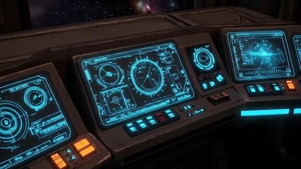 Ship cockpit console with glowing cyan displays against a starry nebula backdrop