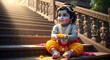 © MSTHIRAMONY - A divine baby krishna sits on ancient stone steps, bathed in warm sunlight, holding flowers in his hands, embodying peace and spirituality