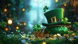 Magical st patricks day leprechaun hat and clover in enchanted forest with bokeh lights