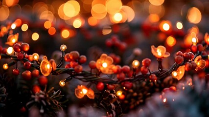 Wall Mural - Warm, glowing Christmas lights and berries create a festive winter scene with soft focus.