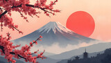 Beautiful mount fuji japan cherry blossom art illustration wallpaper view