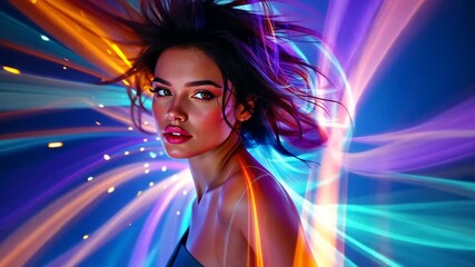 Wall Mural - A woman is captured in a portrait with radiant light trails and a dynamic, vibrant energy