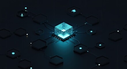 Wall Mural - Illuminated Data Cube:  Cybernetic Hexagon Network, Teal Glow
