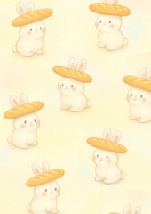 Wall Mural - cute bunnies wearing bread hats.