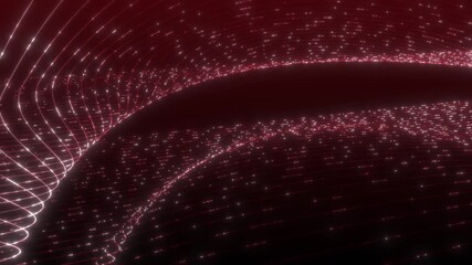 Wall Mural - Microworld or sci-fi theme. 3d rendering background of glowing particles that form curved lines and 3d surfaces, grid with depth of field, bokeh. Blue dark bg. 