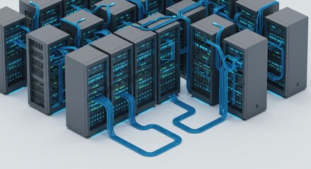 Wall Mural - Isometric Data Center Servers with Blue Cables, Digital Network Connection.