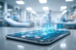 © whitestorm - Futuristic smartphone displaying medical data with holographic interface in hospital.