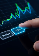 Touching active button on tablet screen displaying stock market financial charts
