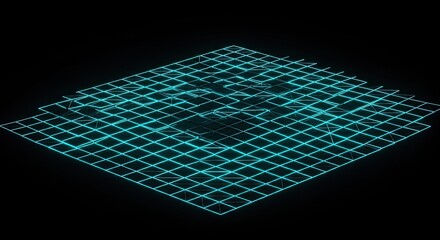 Wall Mural - Luminous Grid: Abstract Turquoise Wireframe on Black, Geometric Landscape