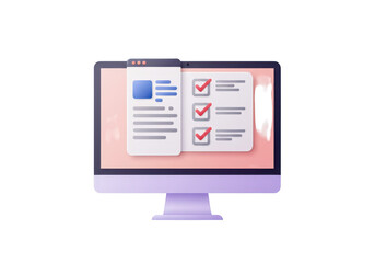 A computer monitor showing a digital interface with a document and a checklist, isolated on a transparent background