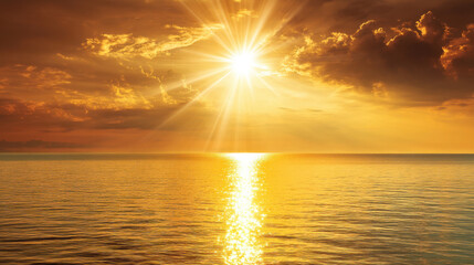 Wall Mural - Breathtaking sunset over ocean, with vibrant orange and golden hues reflecting on calm water. sun rays burst through clouds, creating serene and peaceful atmosphere