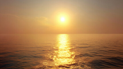 Wall Mural - Serene sunset over calm ocean creates peaceful atmosphere, with golden reflections shimmering on water surface. warm hues evoke sense of tranquility and beauty