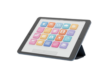 3d illustration of a tablet with a grid of colorful app icons on its screen, isolated on transparent background
