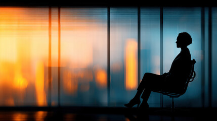 Wall Mural - Silhouette of person sitting in chair against backdrop of vibrant sunset, with warm colors illuminating glass windows. scene conveys sense of contemplation and tranquility