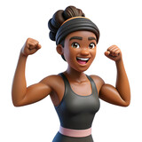 3d muscular woman flexing biceps isolated on transparent background