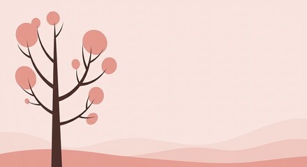 Wall Mural - Minimalist Tree Illustration with Salmon Pink Tones and Wavy Landscape