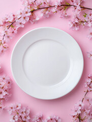 Wall Mural - White plate with cherry blossoms on pink background