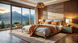 © Md Mamun - Luxurious mountain view bedroom with large windows and warm lighting creating a cozy and inviting atmosphere for relaxation and comfort