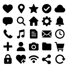 Collection of black common interface icons in silhouette