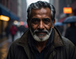© James H Becker - Fotografia retrato, close-up, de um homem, mais velho, idoso, cabelo e barba grisalhos, caminhando em meio urbano em um dia de chuva e frio. Homem com aparência de pessoa de rua, sem teto.