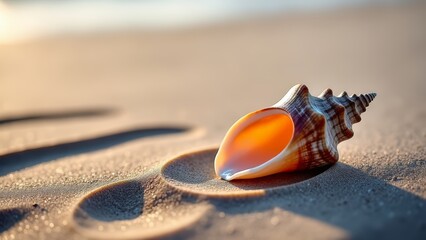 Seashell on sand beach in soft diffused light