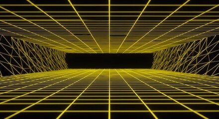 Wall Mural - Retro Yellow Grid Tunnel: Perspective View into Dark Void, Geometric Abstraction