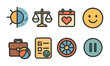 © GRACE - Work-Life Balance Icons. Flat vector mini-illustrations work-life balance symbols in colors children's
