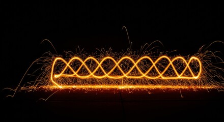 Wall Mural - Fiery Spiral Light Painting with Sparkler Trails on Black Background.