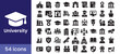 © Rezhwan - University and education icon set in solid glyph style with school, student, and graduation symbols for learning, including 54 academic illustrations for college and academy.