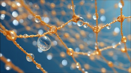 Orange Net with Water Droplets Against a Blue Background