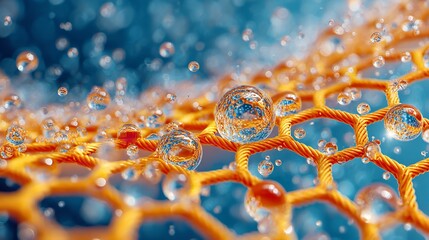 Orange Net with Water Droplets Against a Blue Background