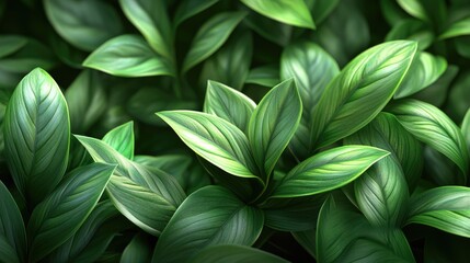 Wall Mural - Lush green leaves in detailed close-up with a gentle blur, highlighting their freshness in subtle daylight. Organic vitality, peaceful nature.