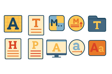Typography tools flat icon set. style, font, typeface, design, collection, symbols