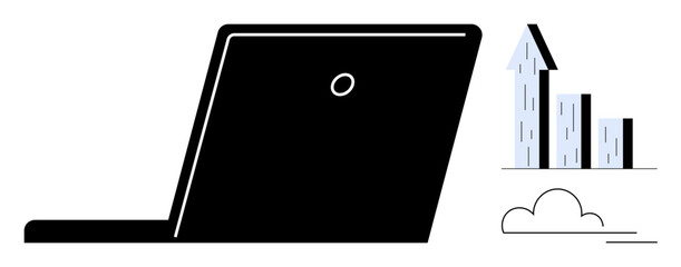 Wall Mural - Laptop beside bar chart with upward arrow and cloud graphic. Ideal for business strategy, growth analysis, technology, productivity, education, data visualization, simple landing page