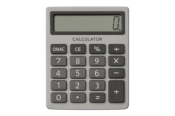 Grey digital calculator isolated on transparent background, zero on display screen