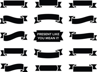 set of isolated black ribbon banner vectors. a collection of classic scroll, flag, and label shapes 