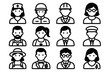 © VectorGomes - Set of 12 black people avatar icons representing jobs and roles in flat vector style with white background, ideal for mobile apps, websites, and UI kits.