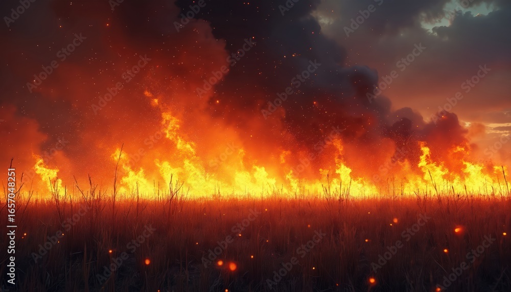 Fiery grassland fire rages at night, intense flames and sparks consume ...