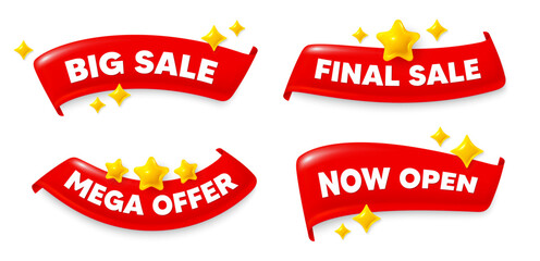 Big sale flag ribbon. Mega discount, Final sale, Now open. Big Sale. Special offer price sign. Advertising Discounts symbol. Red flag ribbon banners. Promo offer tags. Vector