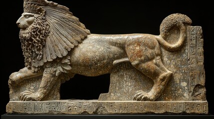 meticulously carved lion sculpture showcases ancient script and artistic details highlighting craftsmanship from long lost civilization.